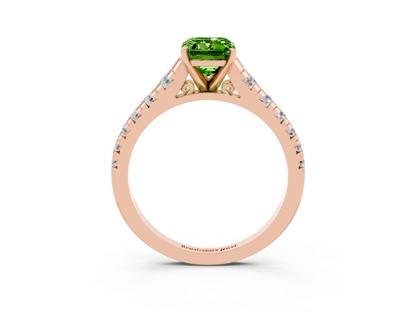Rose gold Emerald Cut Peridot Cathedral Solitaire Ring with Round  Pavé Band