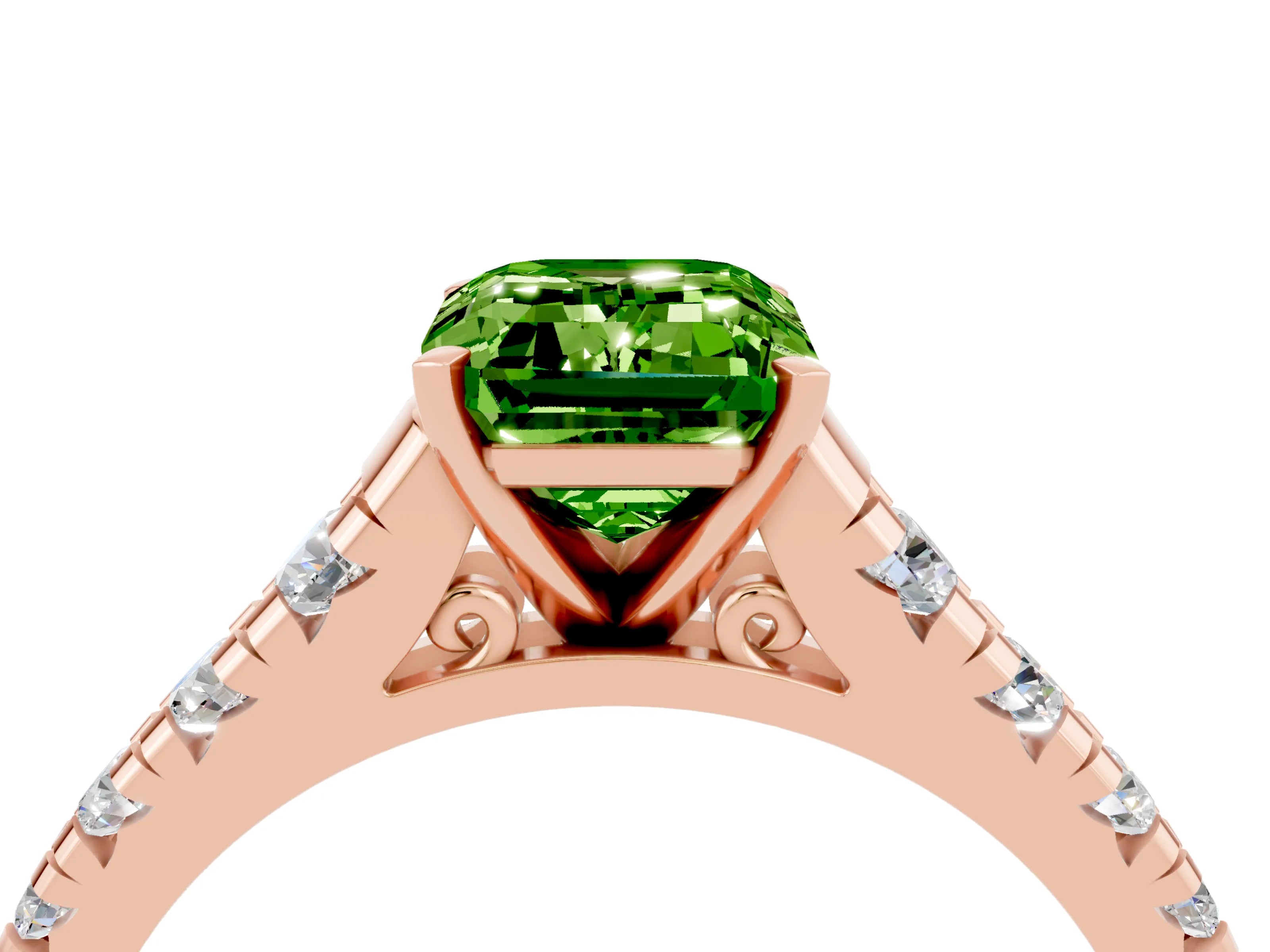 Rose gold Emerald Cut Peridot Solitaire Ring with Cathedral Setting and Pavé Band_4