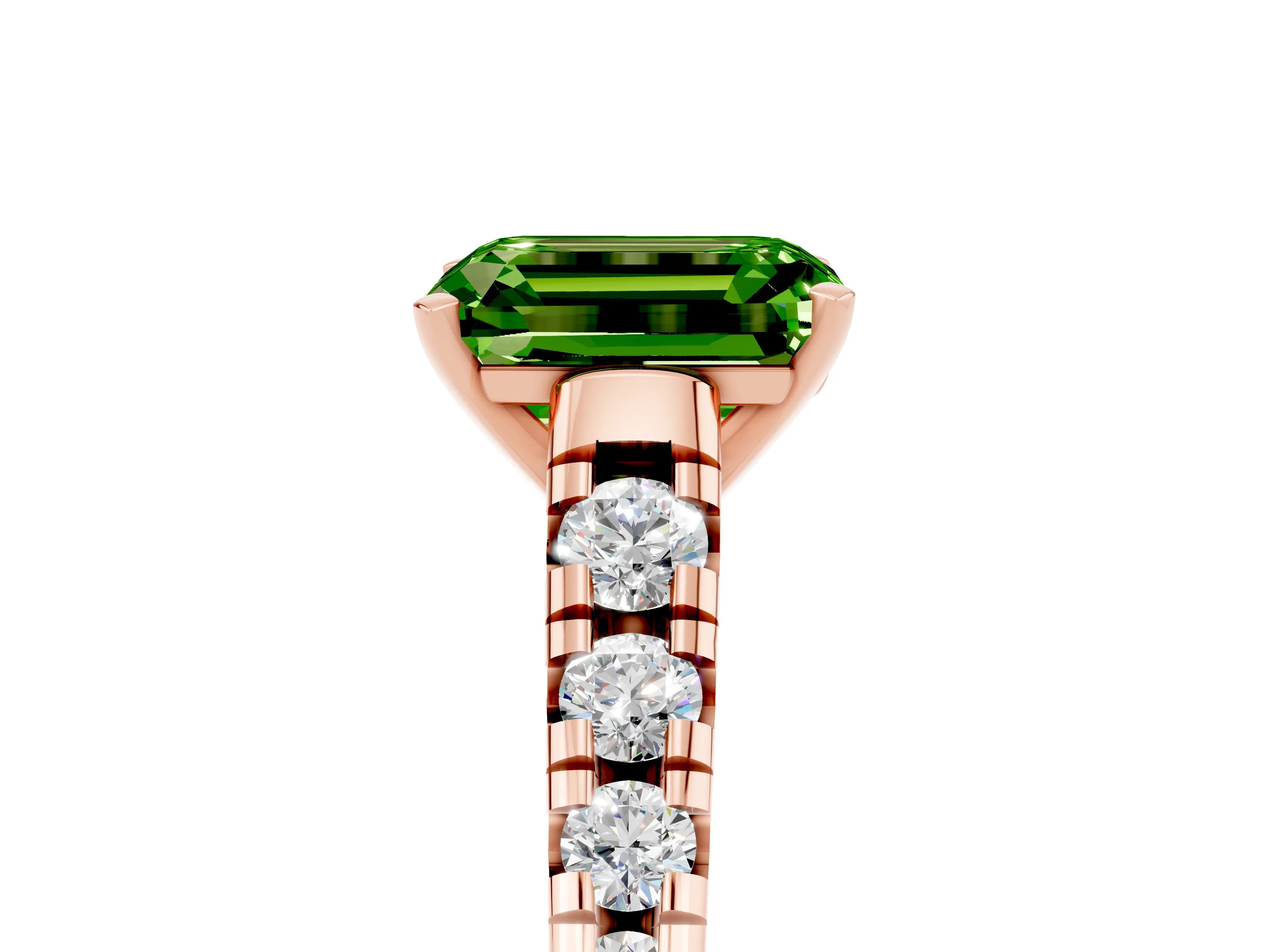 Rose gold Emerald Cut Peridot Solitaire Ring with Cathedral Setting and Pavé Band_5