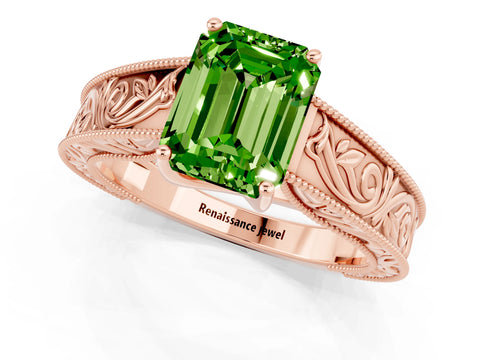 Rose gold Emerald Cut Peridot Solitaire Ring with Engraved Band and Four-Prong Setting_1