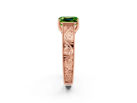 Rose gold Emerald Cut Peridot Solitaire Ring with Engraved Band and Four-Prong Setting_2