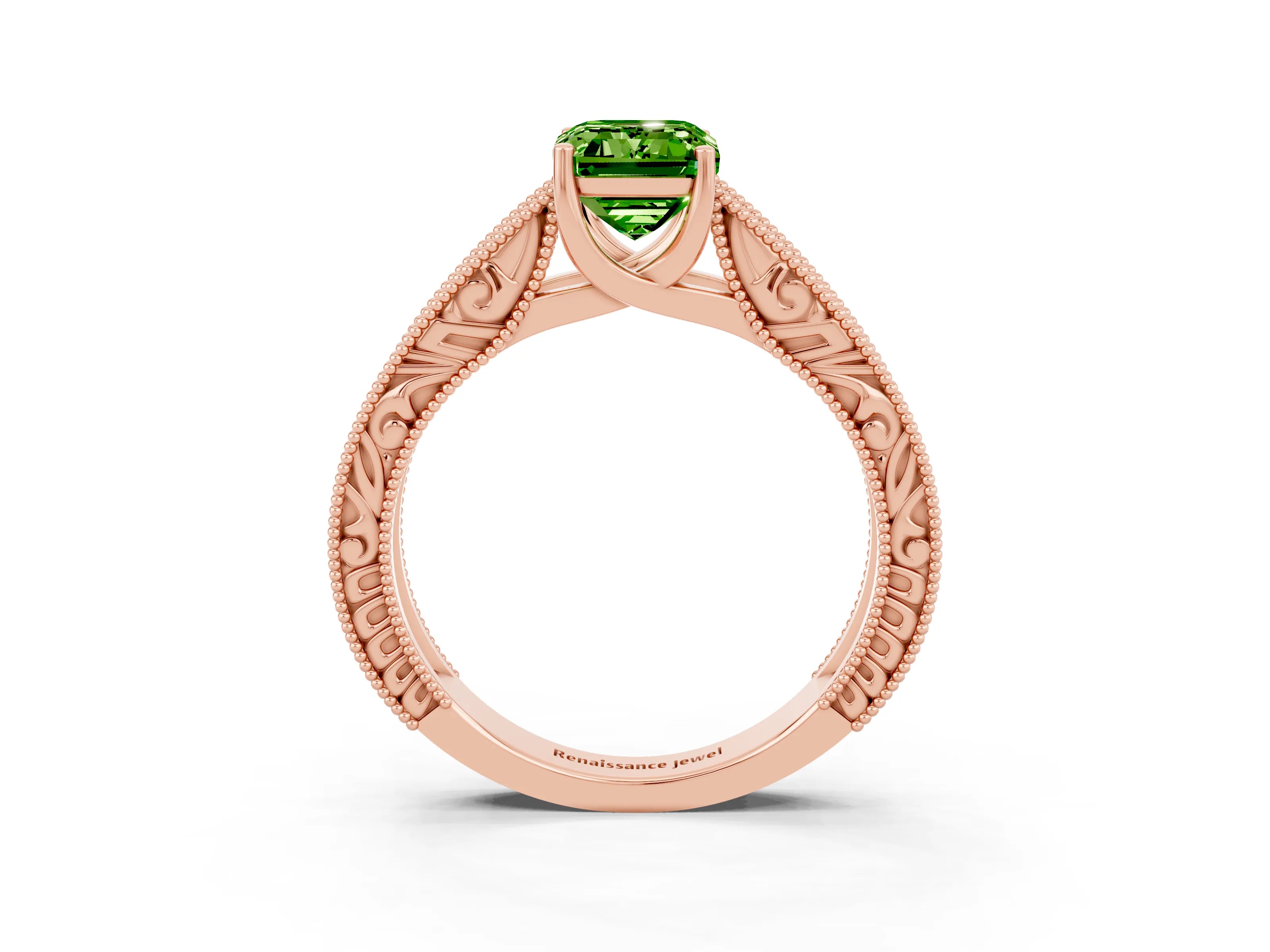 Rose gold Emerald Cut Peridot Solitaire Ring with Engraved Band and Four-Prong Setting_3