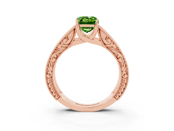 Rose gold Emerald Cut Peridot Solitaire Ring with Engraved Band and Four-Prong Setting