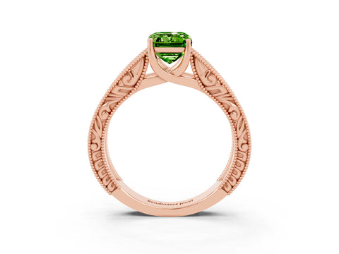 Rose gold Emerald Cut Peridot Solitaire Ring with Engraved Band and Four-Prong Setting_3