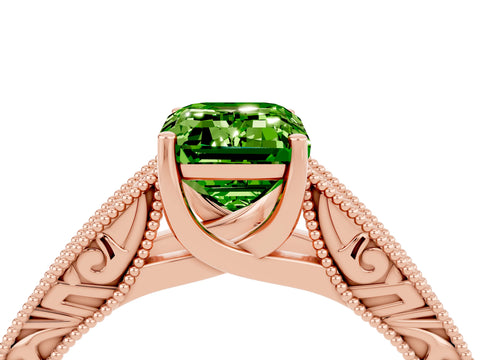 Rose gold Emerald Cut Peridot Solitaire Ring with Engraved Band and Four-Prong Setting_4