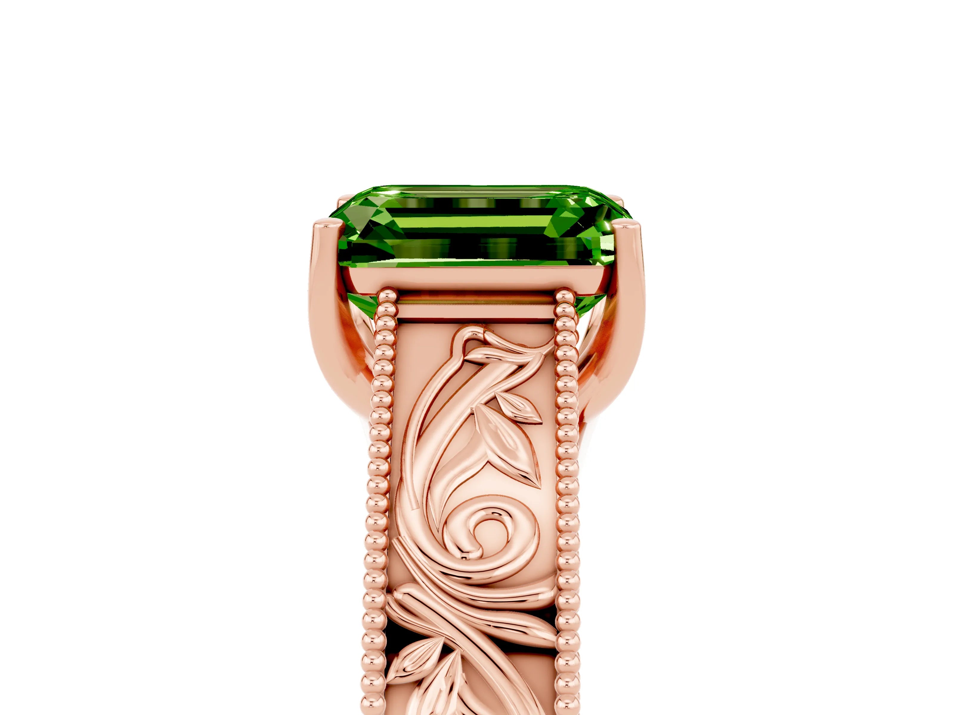Rose gold Emerald Cut Peridot Solitaire Ring with Engraved Band and Four-Prong Setting_5