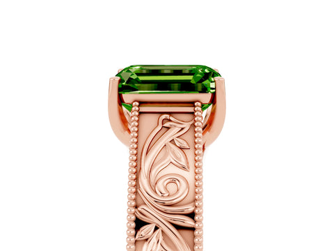 Rose gold Emerald Cut Peridot Solitaire Ring with Engraved Band and Four-Prong Setting_5