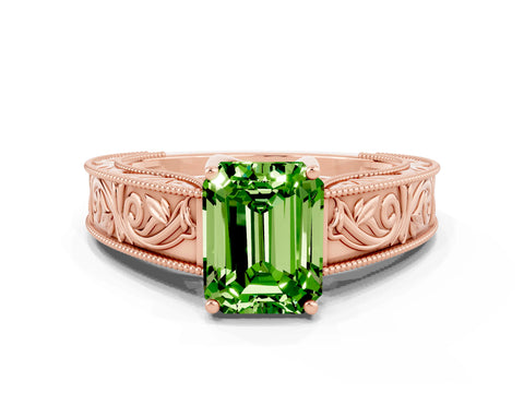 Rose gold Emerald Cut Peridot Solitaire Ring with Engraved Band and Four-Prong Setting