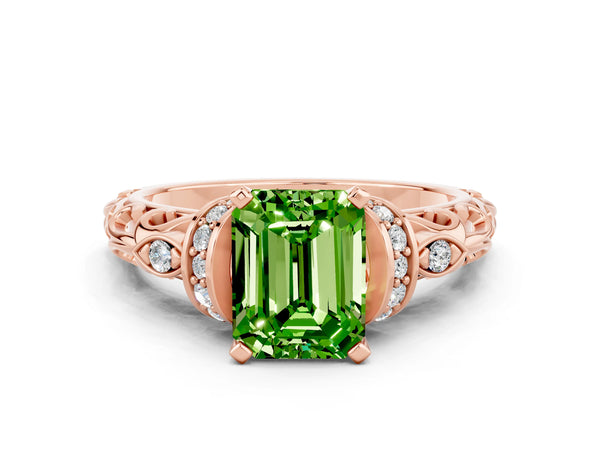 Rose gold Emerald Cut Peridot Solitaire Ring with Filigree Band and Four-Prong Setting
