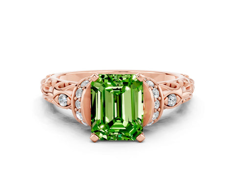 Rose gold Emerald Cut Peridot Solitaire Ring with Filigree Band and Four-Prong Setting_45