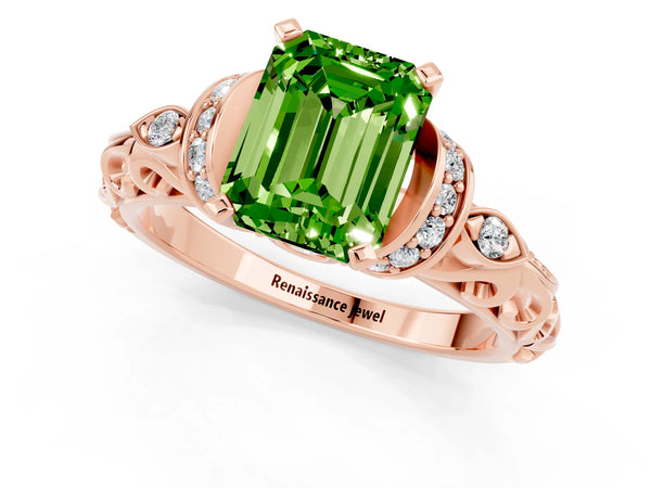 Rose gold Emerald Cut Peridot Solitaire Ring with Filigree Band and Four-Prong Setting