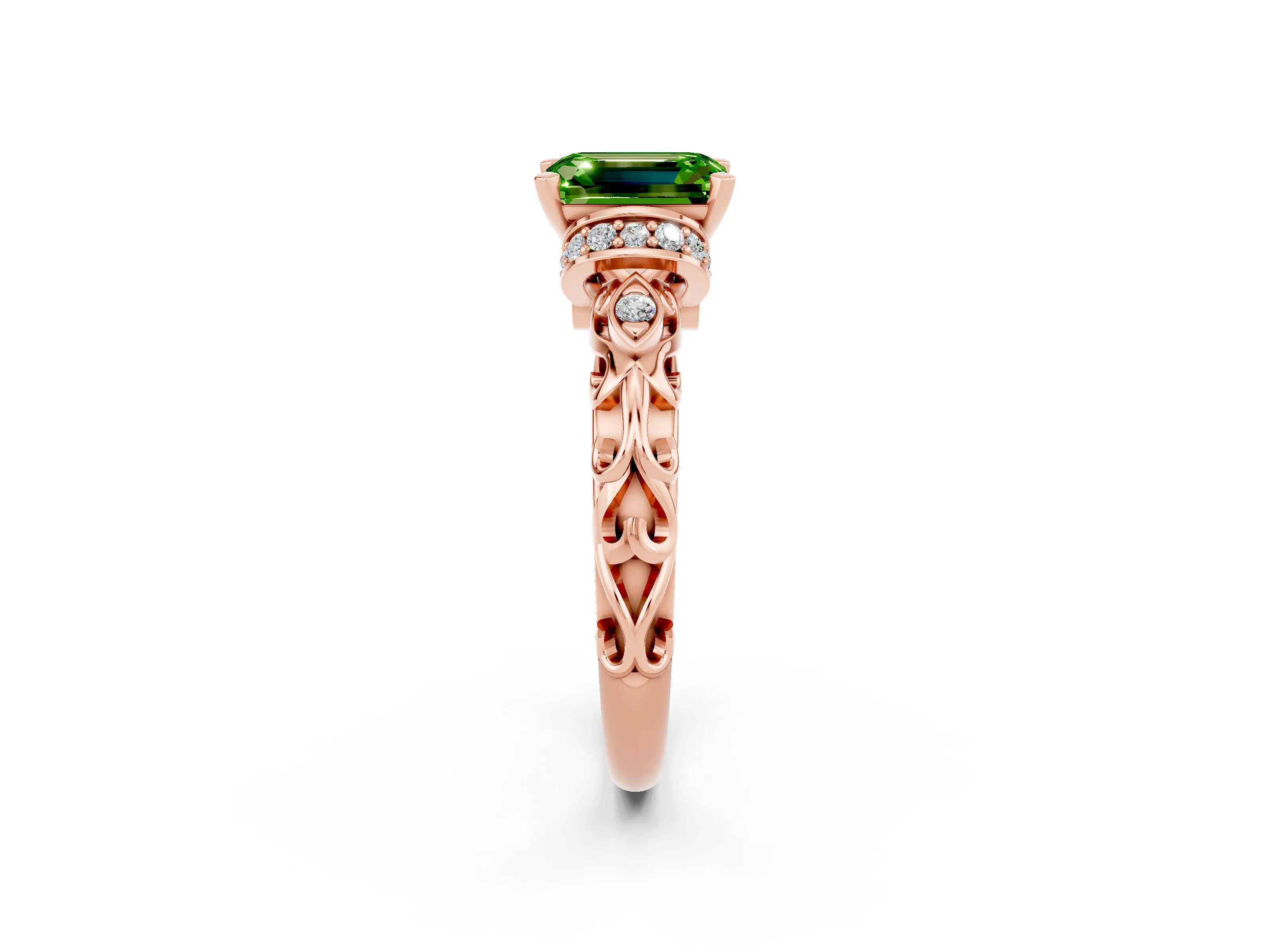 Rose gold Emerald Cut Peridot Solitaire Ring with Filigree Band and Four-Prong Setting_47