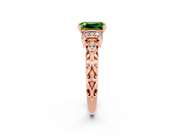 Rose gold Emerald Cut Peridot Solitaire Ring with Filigree Band and Four-Prong Setting