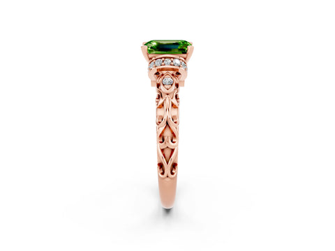 Rose gold Emerald Cut Peridot Solitaire Ring with Filigree Band and Four-Prong Setting_47