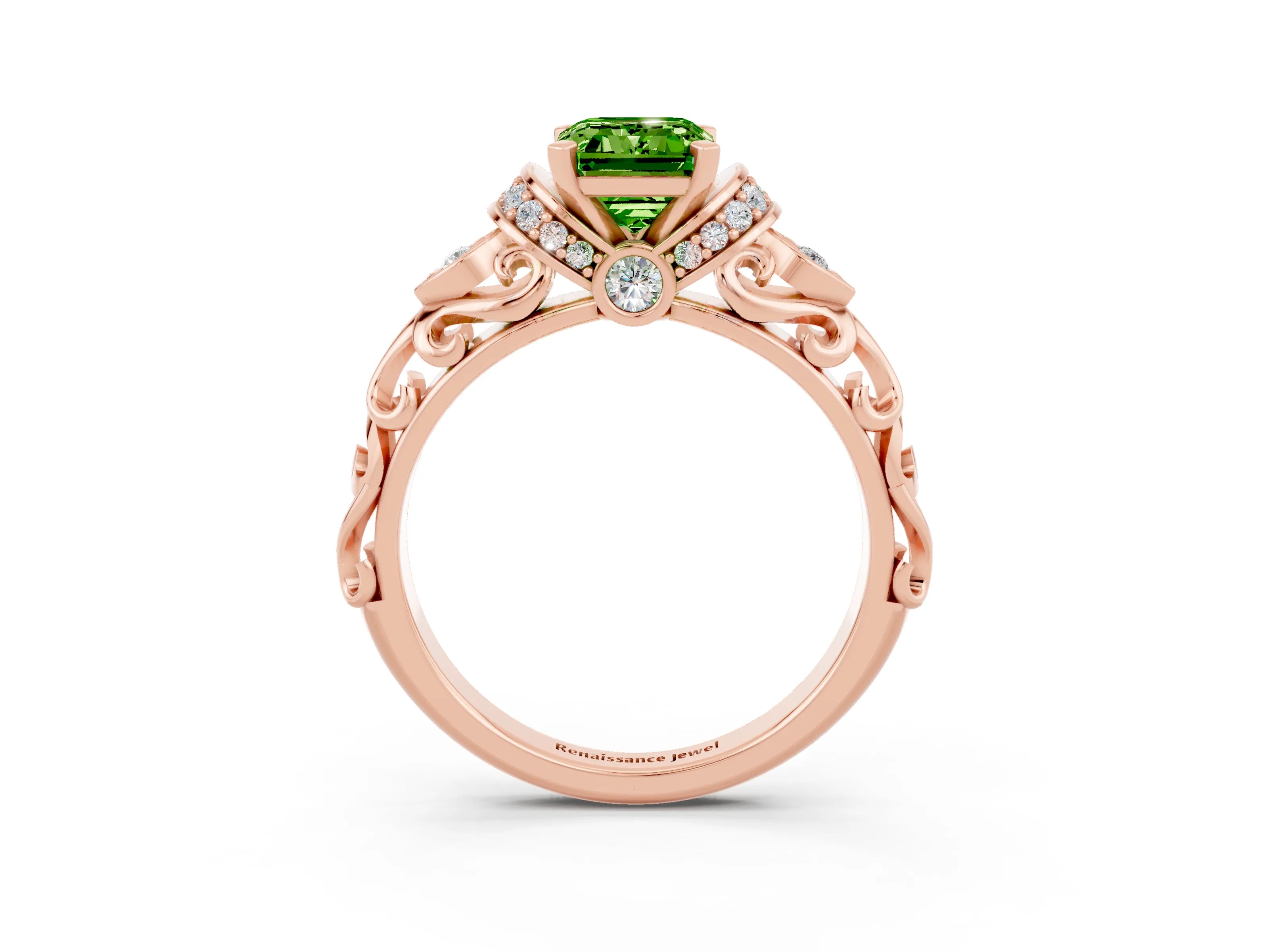 Rose gold Emerald Cut Peridot Solitaire Ring with Filigree Band and Four-Prong Setting_48