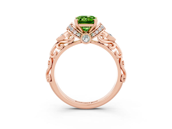 Rose gold Emerald Cut Peridot Solitaire Ring with Filigree Band and Four-Prong Setting