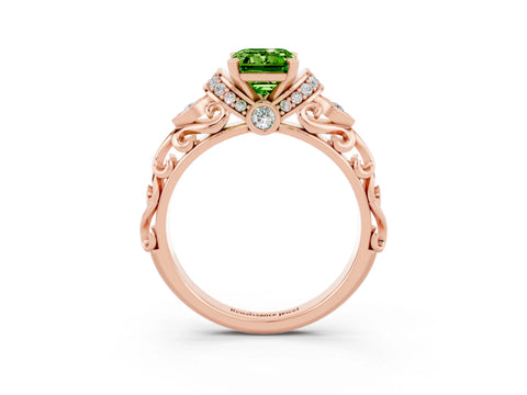 Rose gold Emerald Cut Peridot Solitaire Ring with Filigree Band and Four-Prong Setting_48