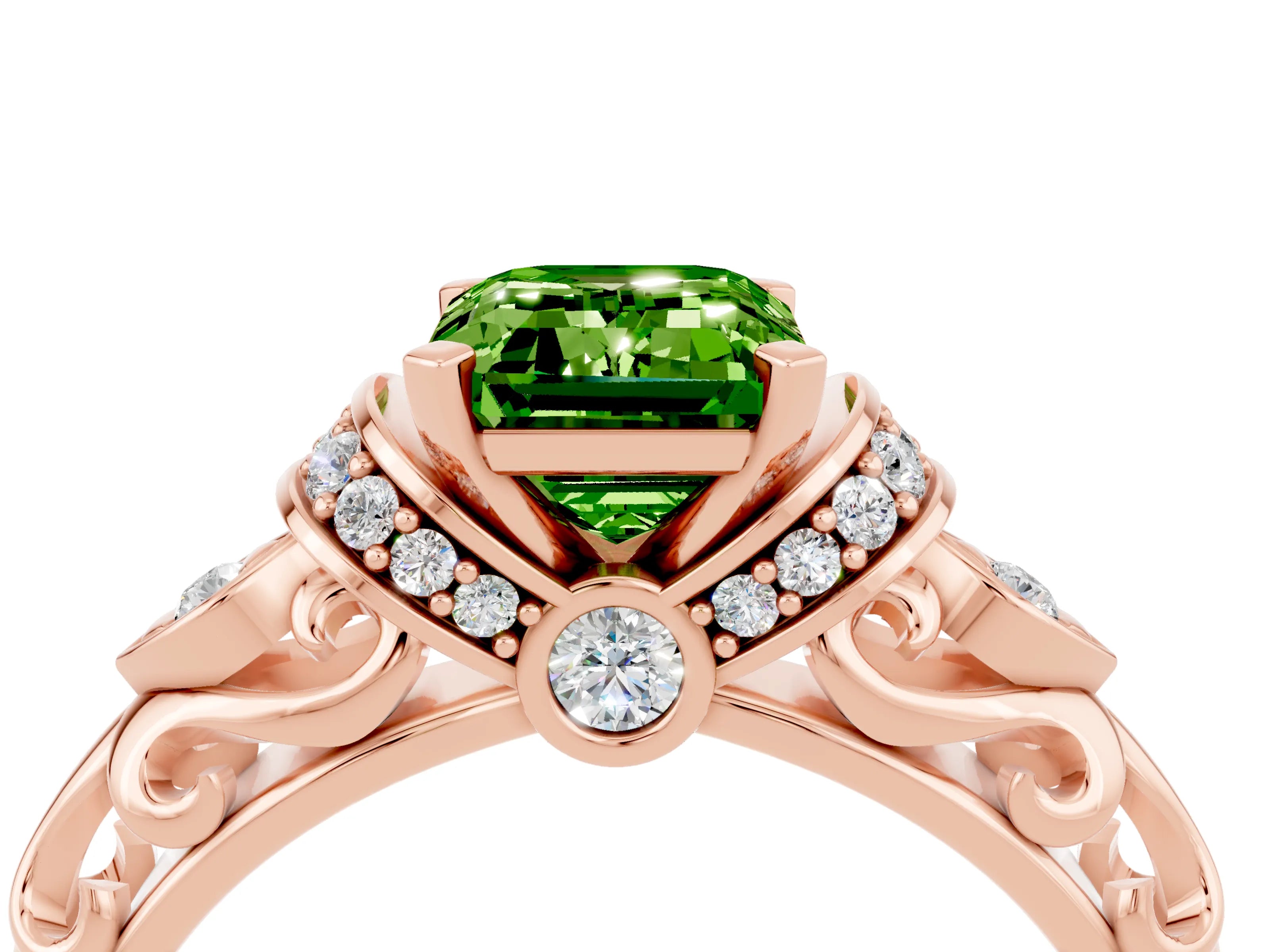 Rose gold Emerald Cut Peridot Solitaire Ring with Filigree Band and Four-Prong Setting_49