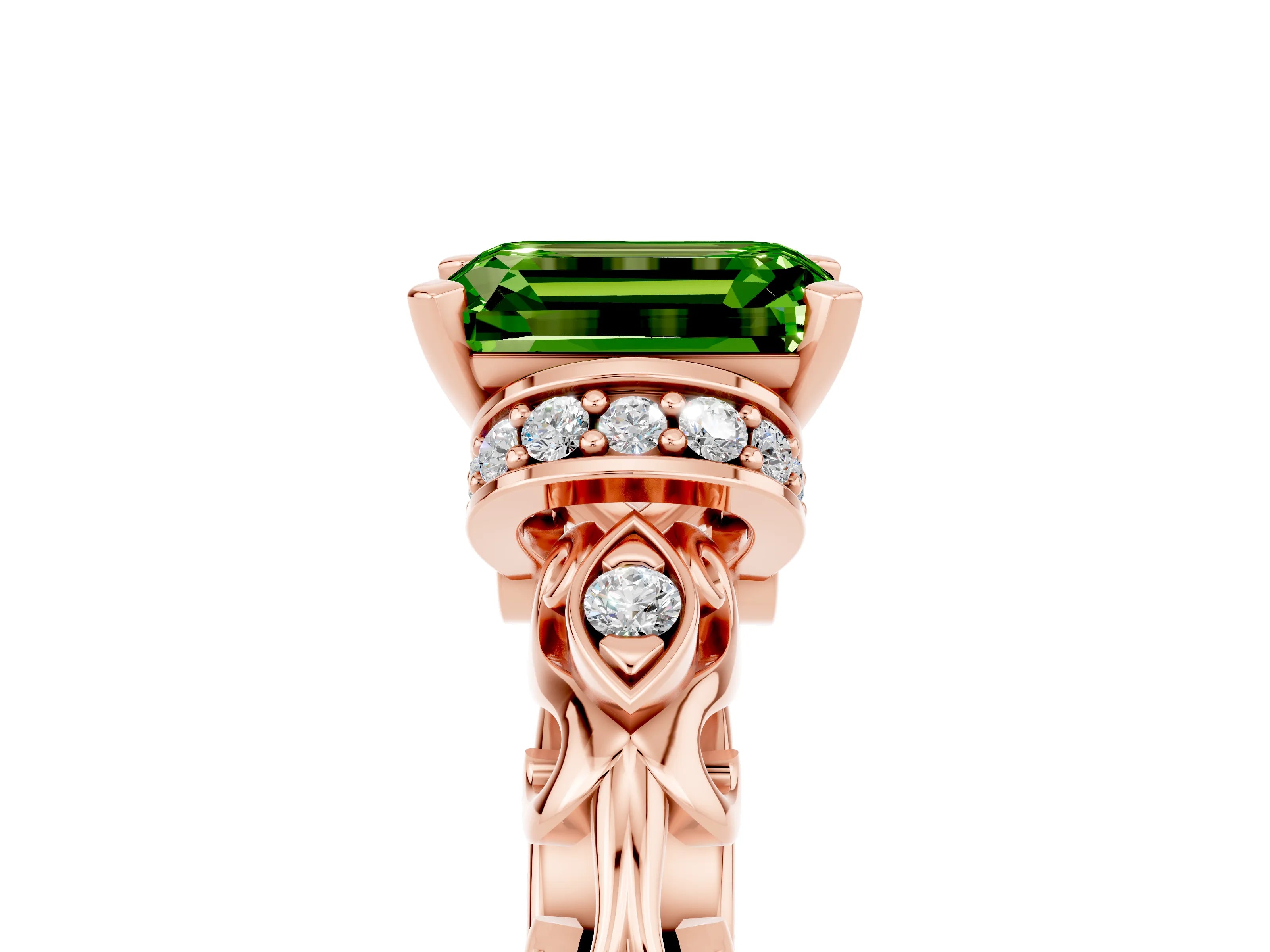 Rose gold Emerald Cut Peridot Solitaire Ring with Filigree Band and Four-Prong Setting_50