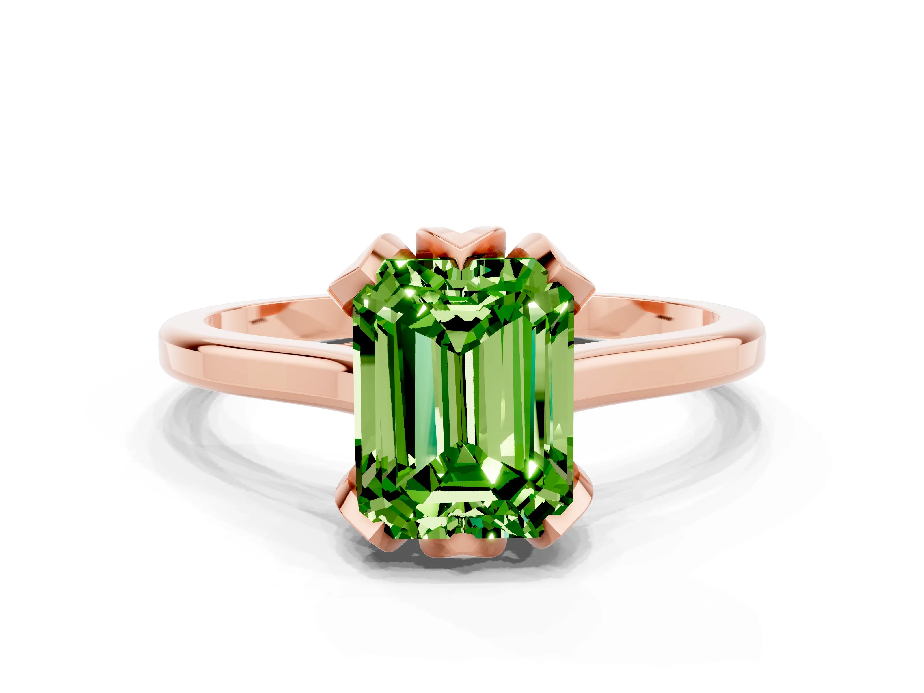 Rose gold Emerald Cut Peridot Solitaire Ring with Flower Prong Setting and Classic Band_12