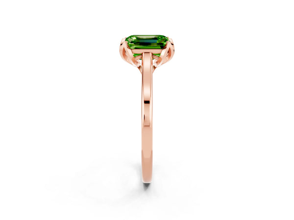 Rose gold Emerald Cut Peridot Solitaire Ring with Flower Prong Setting and Classic Band