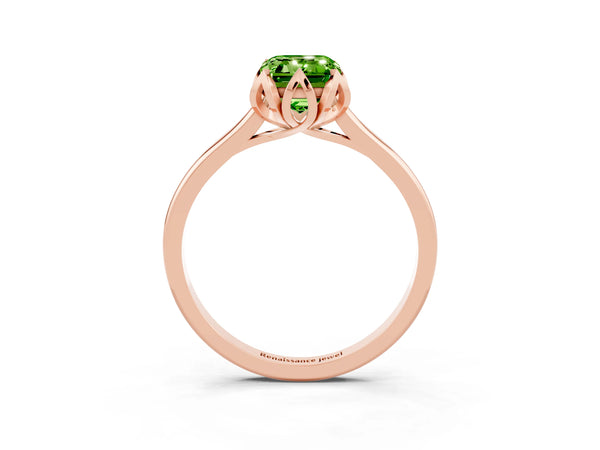 Rose gold Emerald Cut Peridot Solitaire Ring with Flower Prong Setting and Classic Band