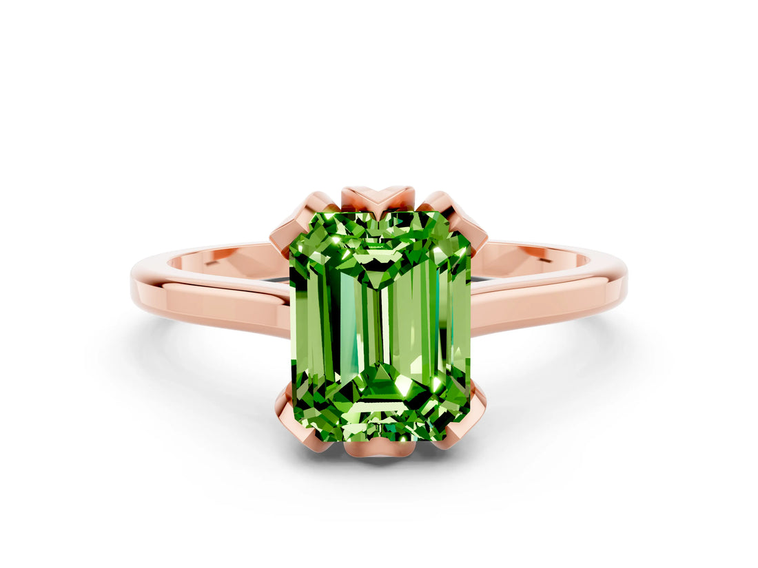 Rose gold Emerald Cut Peridot Solitaire Ring with Flower Prong Setting and Classic Band_36