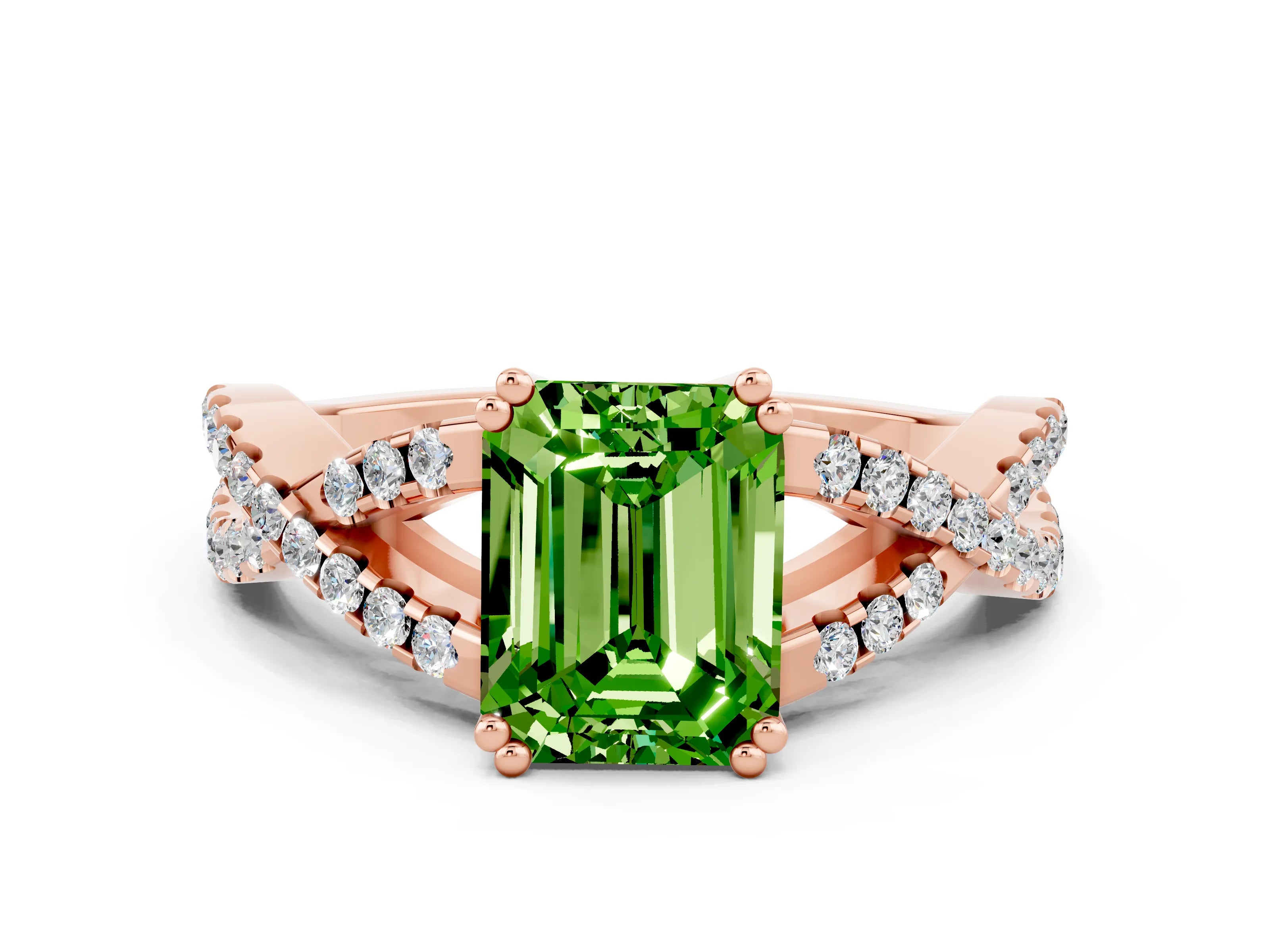 Rose gold Emerald Cut Peridot Solitaire Ring with Four-Prong Setting and Twisted Pavé Band