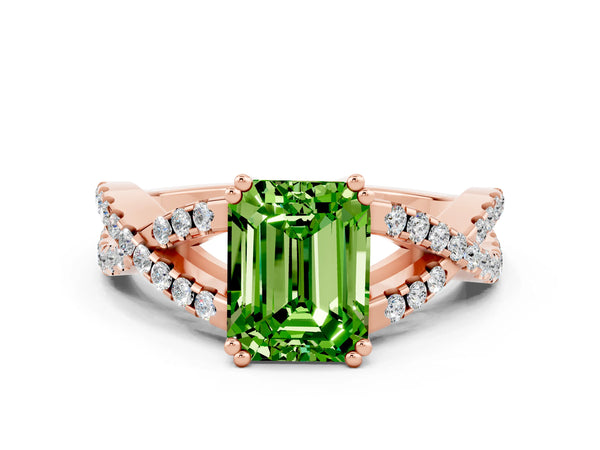 Rose gold Emerald Cut Peridot Solitaire Ring with Four-Prong Setting and Twisted Pavé Band