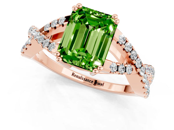 Rose gold Emerald Cut Peridot Solitaire Ring with Four-Prong Setting and Twisted Pavé Band