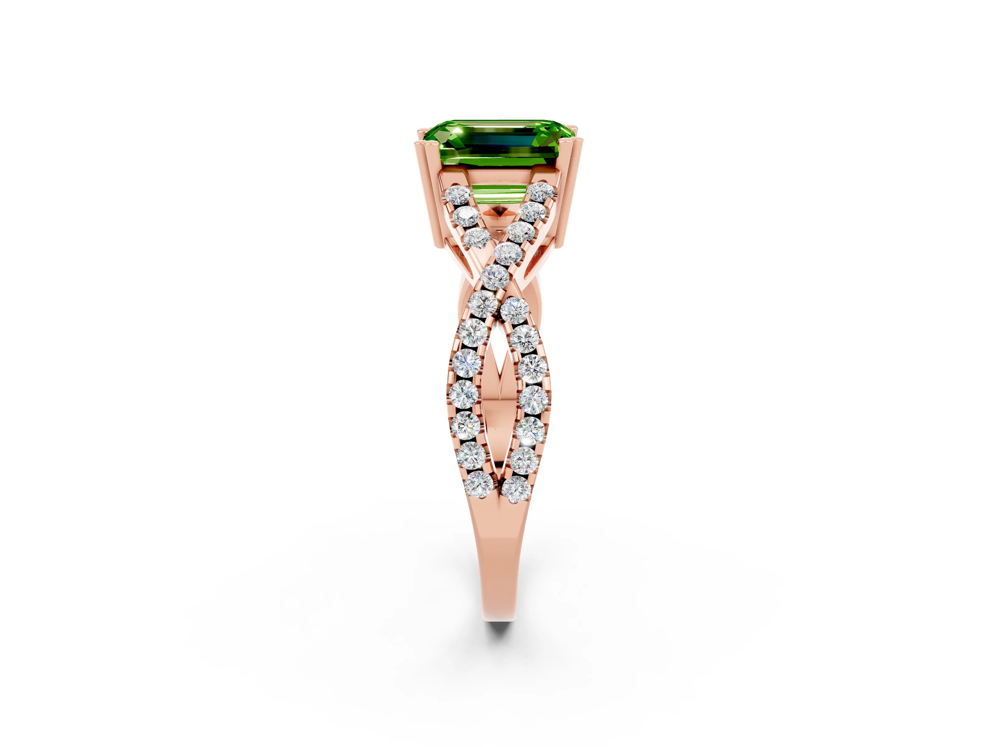 Rose gold Emerald Cut Peridot Solitaire Ring with Four-Prong Setting and Twisted Pavé Band_2