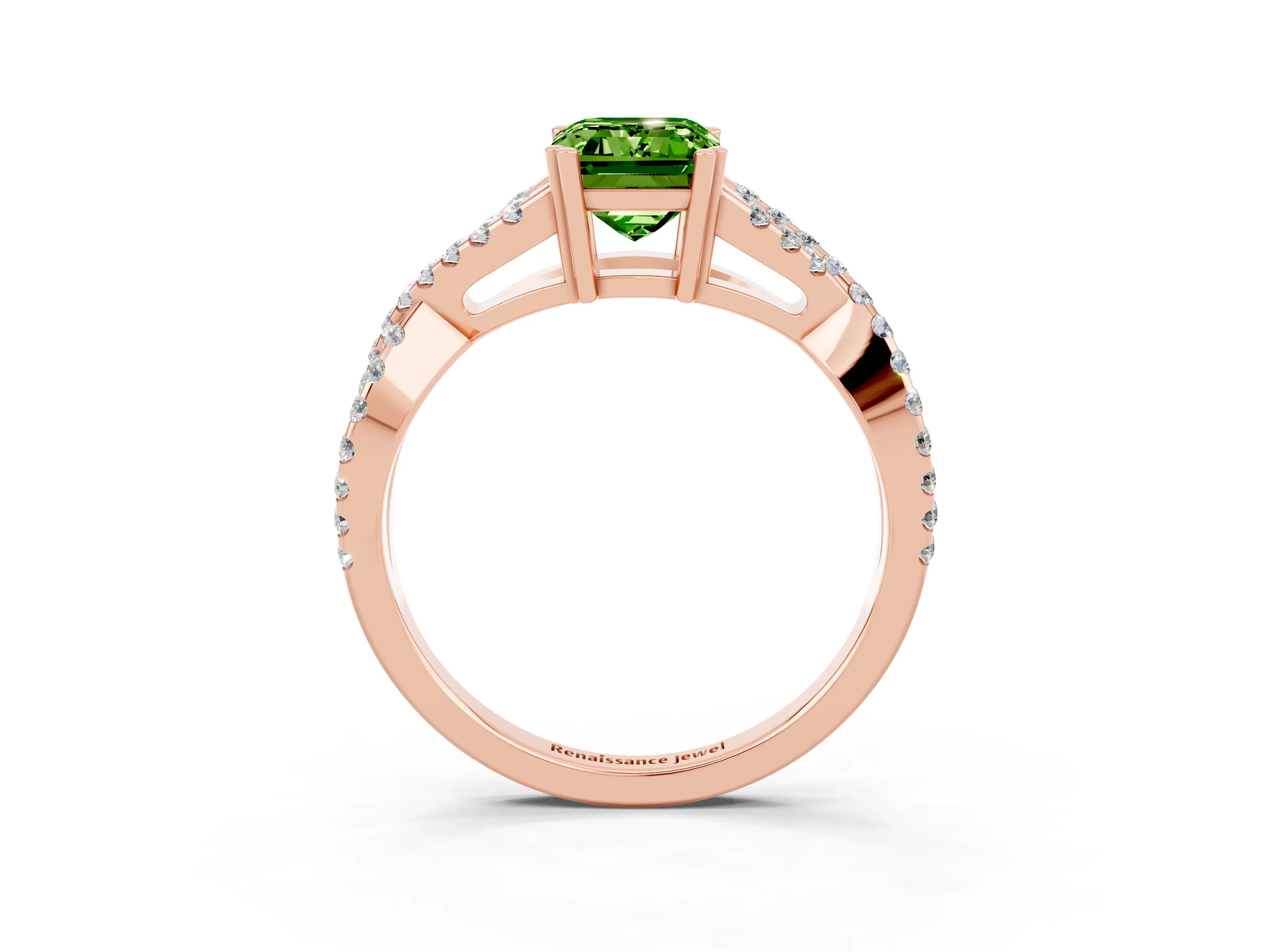 Rose gold Emerald Cut Peridot Solitaire Ring with Four-Prong Setting and Twisted Pavé Band_3