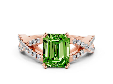 Rose gold Emerald Cut Peridot Solitaire Ring with Four-Prong Setting and Twisted Pavé Band