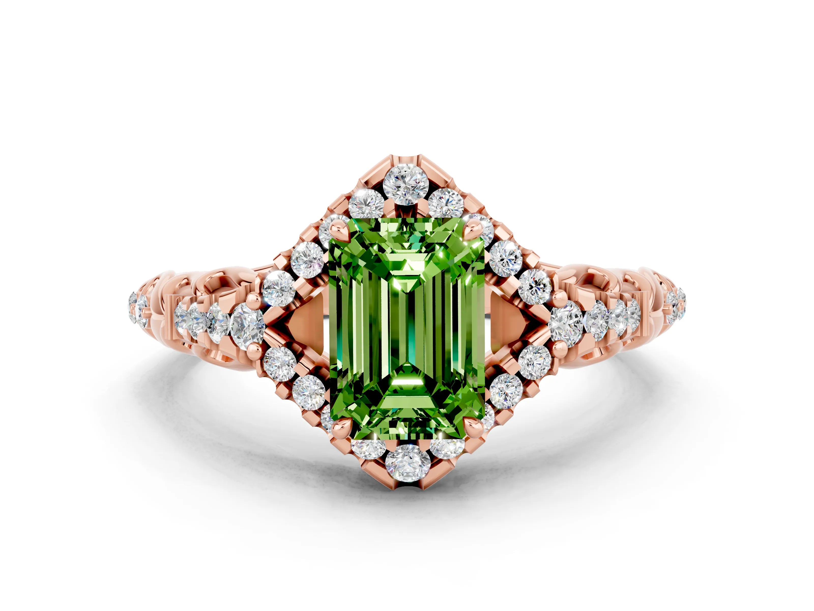 Rose gold Emerald Cut Peridot Solitaire Ring with Hidden Halo and Pavé Band_12