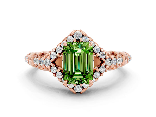 Rose gold Emerald Cut Peridot Solitaire Ring with Hidden Halo and Pavé Band