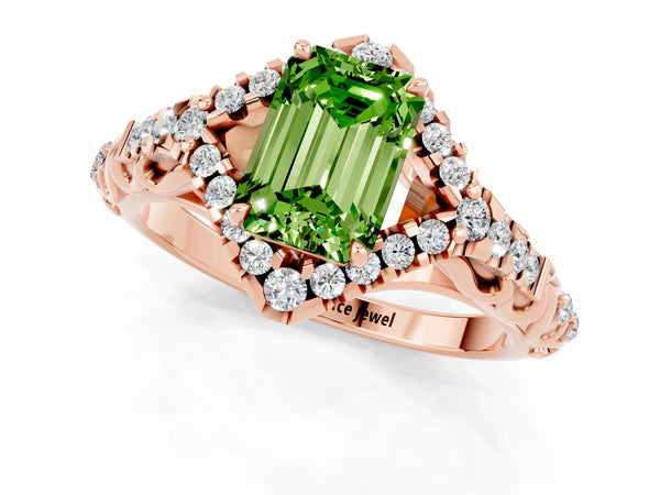Rose gold Emerald Cut Peridot Solitaire Ring with Hidden Halo and Pavé Band