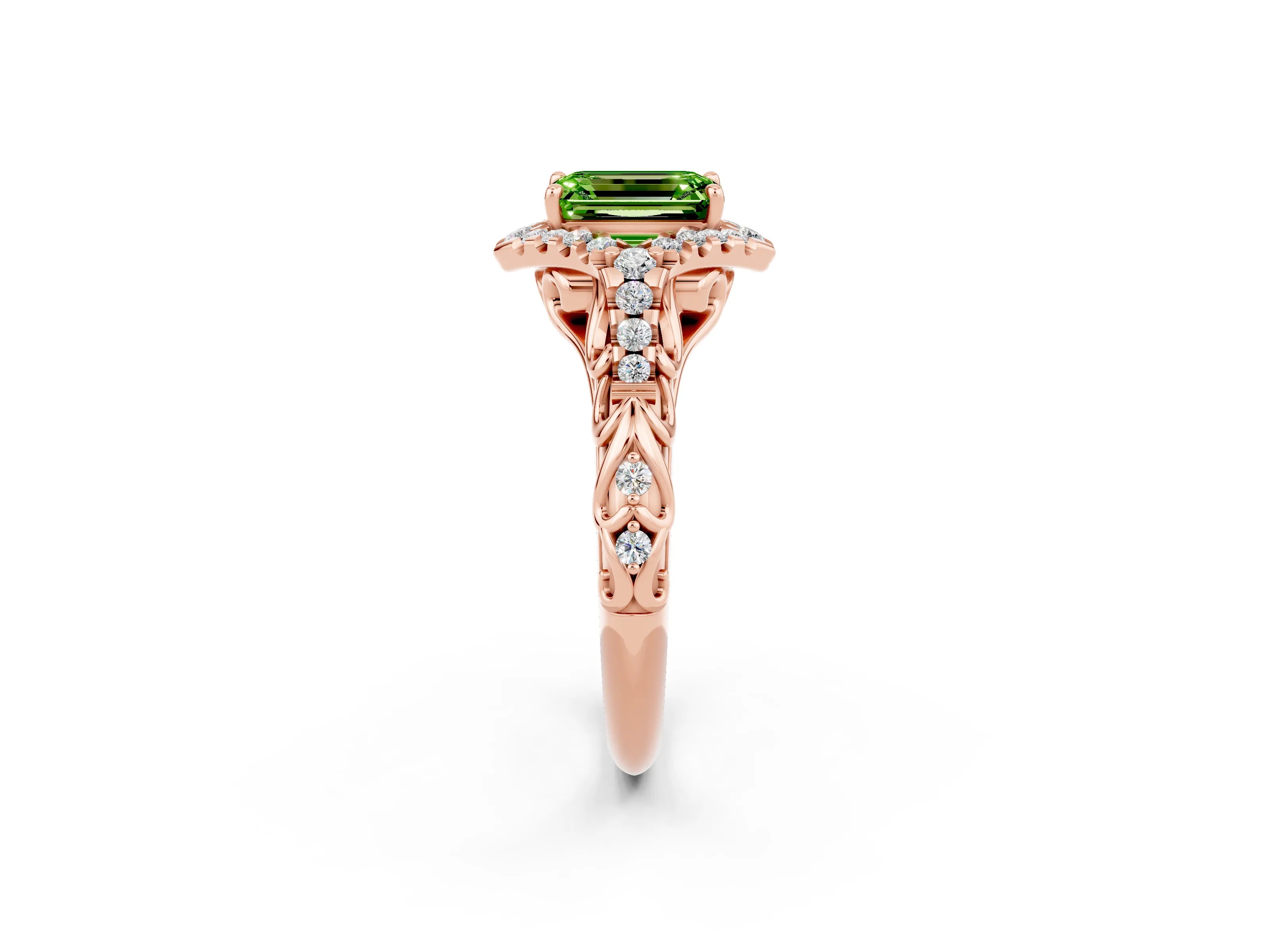Rose gold Emerald Cut Peridot Solitaire Ring with Hidden Halo and Pavé Band_14