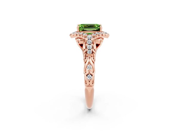 Rose gold Emerald Cut Peridot Solitaire Ring with Hidden Halo and Pavé Band