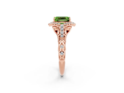 Rose gold Emerald Cut Peridot Solitaire Ring with Hidden Halo and Pavé Band_14