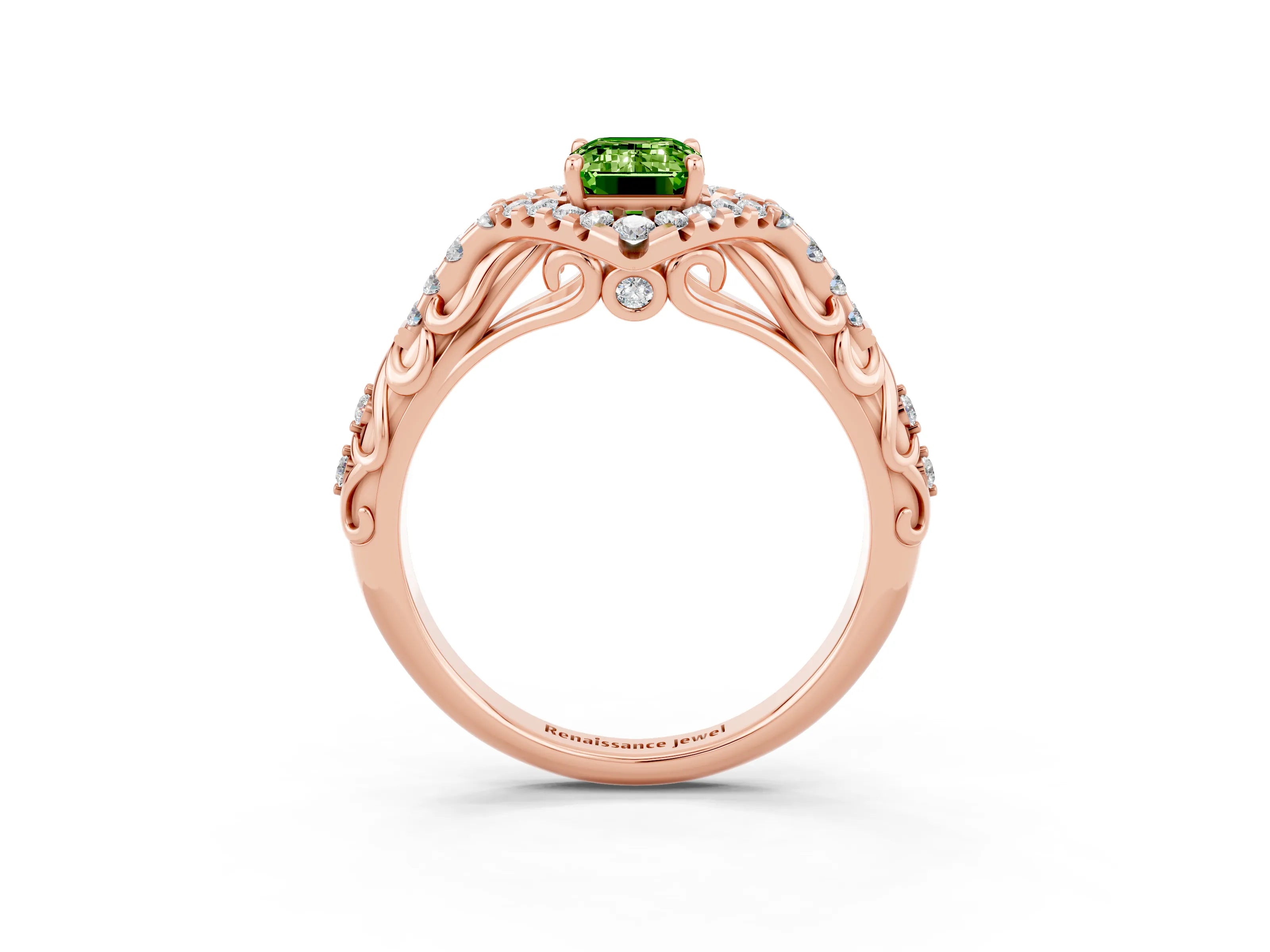 Rose gold Emerald Cut Peridot Solitaire Ring with Hidden Halo and Pavé Band_15