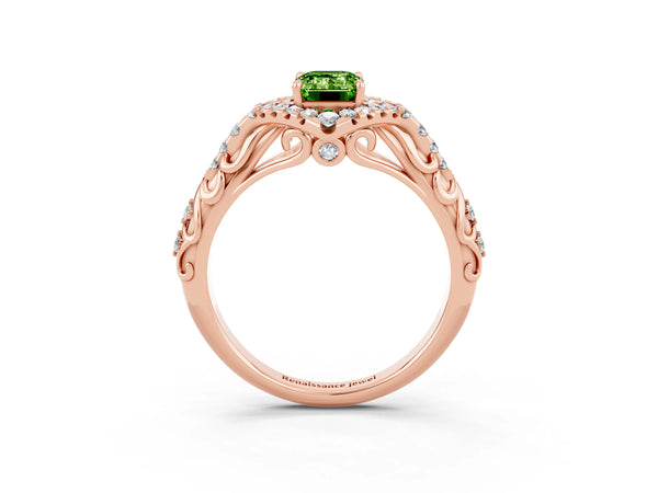 Rose gold Emerald Cut Peridot Solitaire Ring with Hidden Halo and Pavé Band