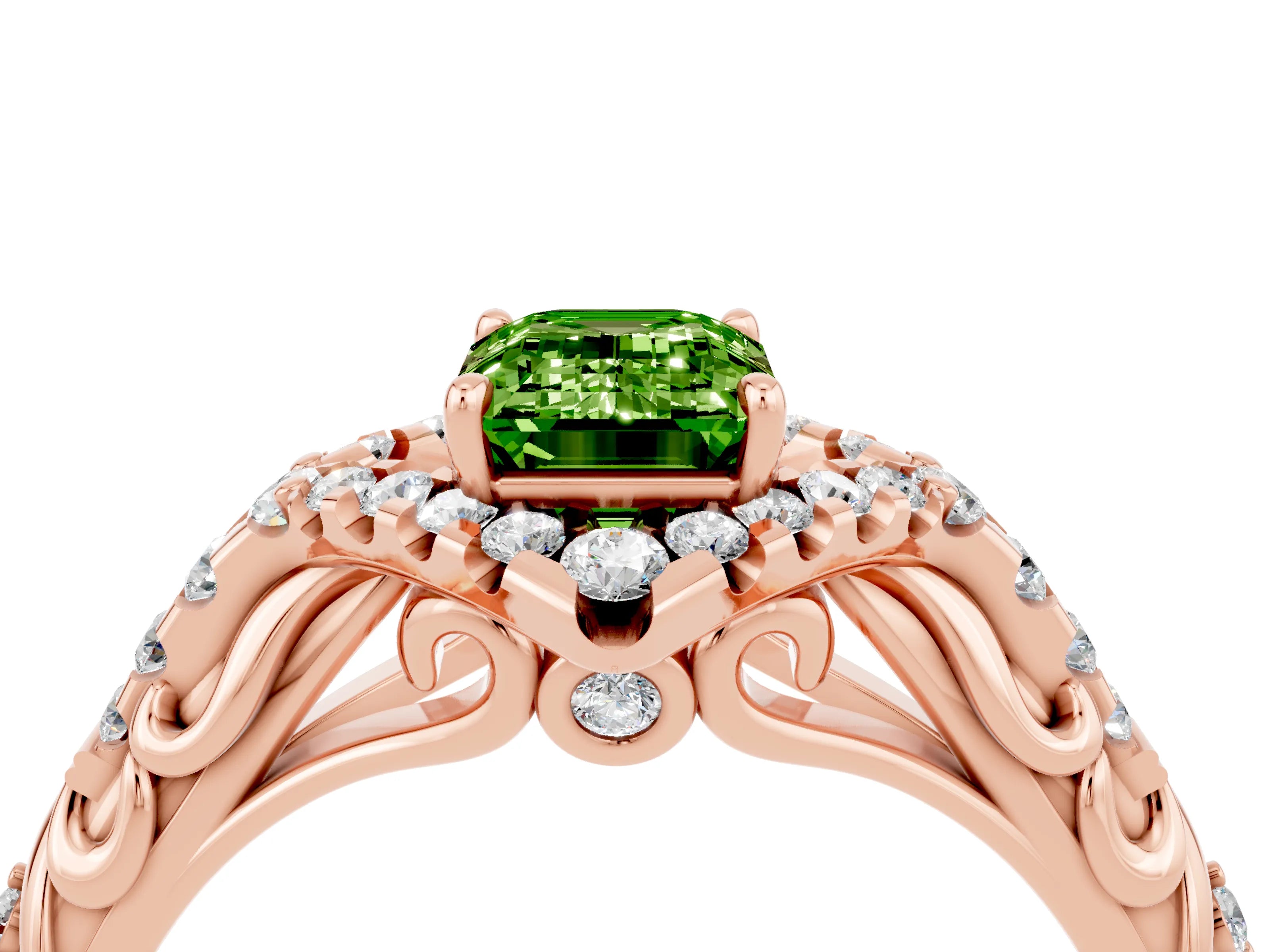 Rose gold Emerald Cut Peridot Solitaire Ring with Hidden Halo and Pavé Band_16