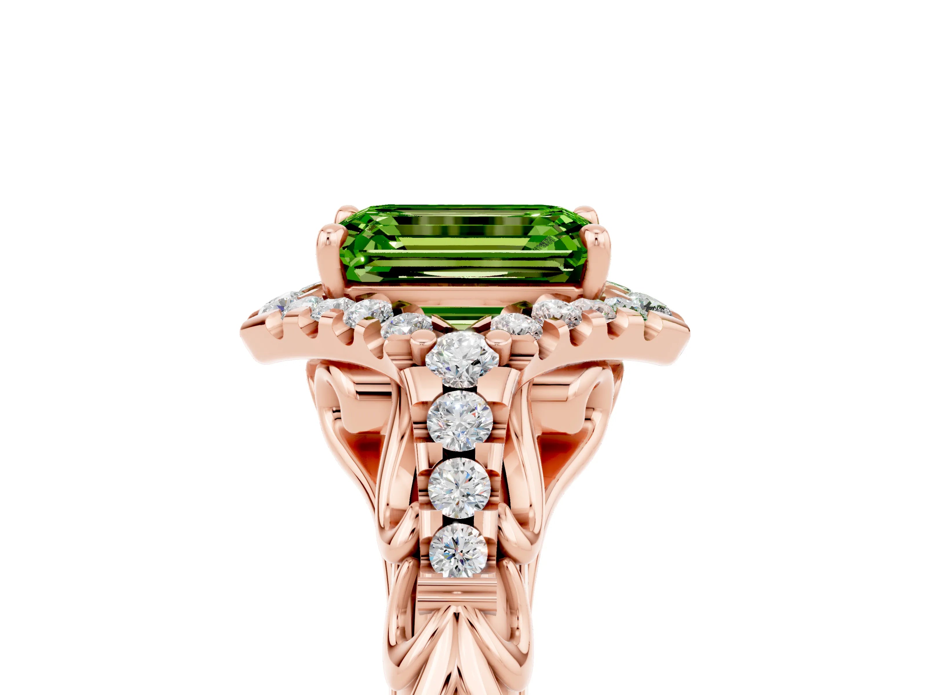 Rose gold Emerald Cut Peridot Solitaire Ring with Hidden Halo and Pavé Band_17