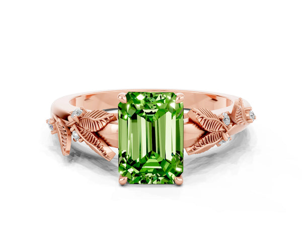 Rose gold Emerald Cut Peridot Solitaire Ring with Leaf Motif Band and Four-Prong Setting