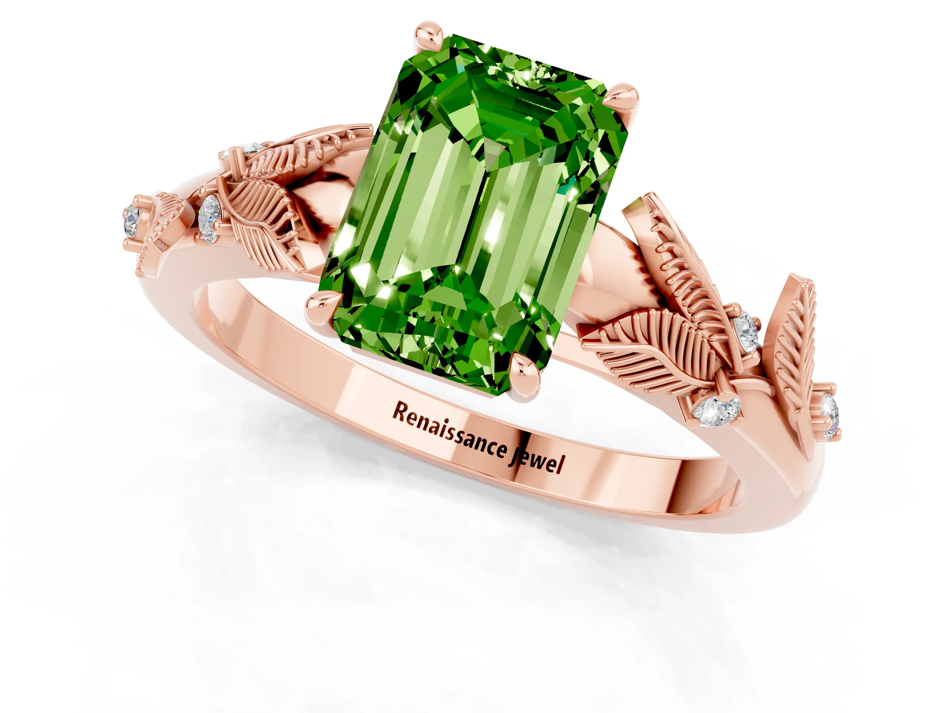 Rose gold Emerald Cut Peridot Solitaire Ring with Leaf Motif Band and Four-Prong Setting_1