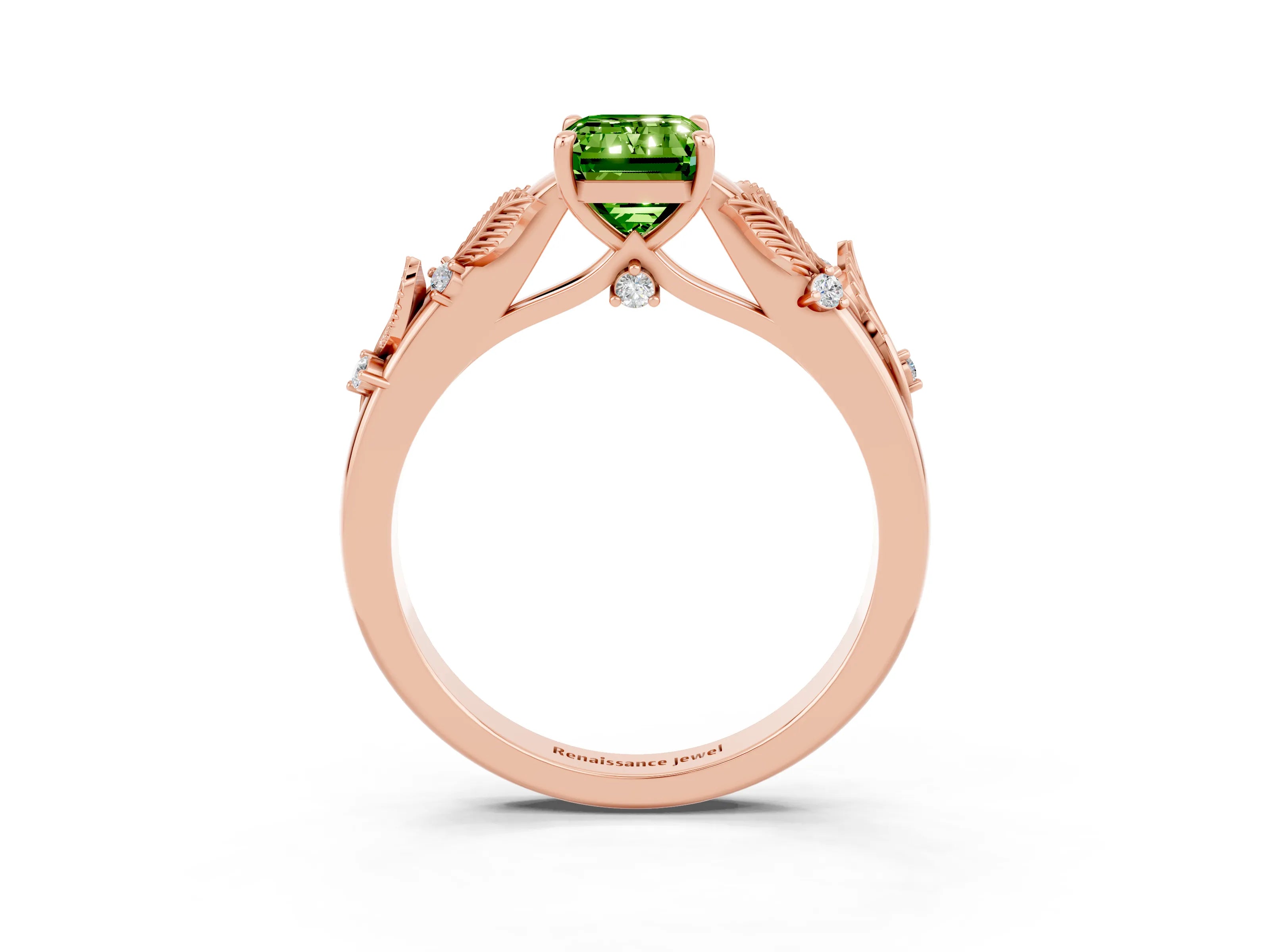 Rose gold Emerald Cut Peridot Solitaire Ring with Leaf Motif Band and Four-Prong Setting_3
