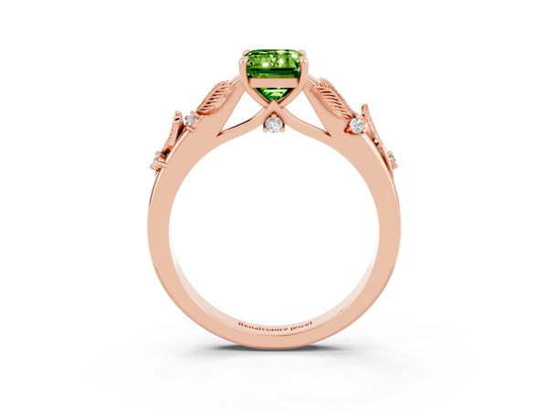 Rose gold Emerald Cut Peridot Solitaire Ring with Leaf Motif Band and Four-Prong Setting