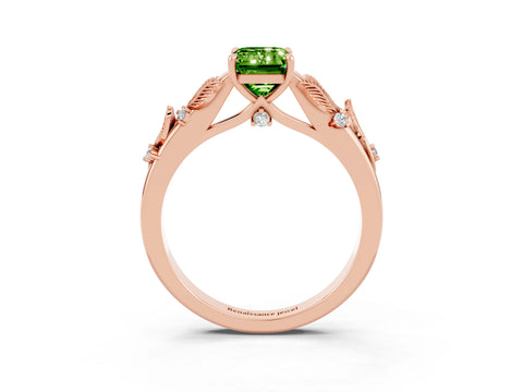 Rose gold Emerald Cut Peridot Solitaire Ring with Leaf Motif Band and Four-Prong Setting_3