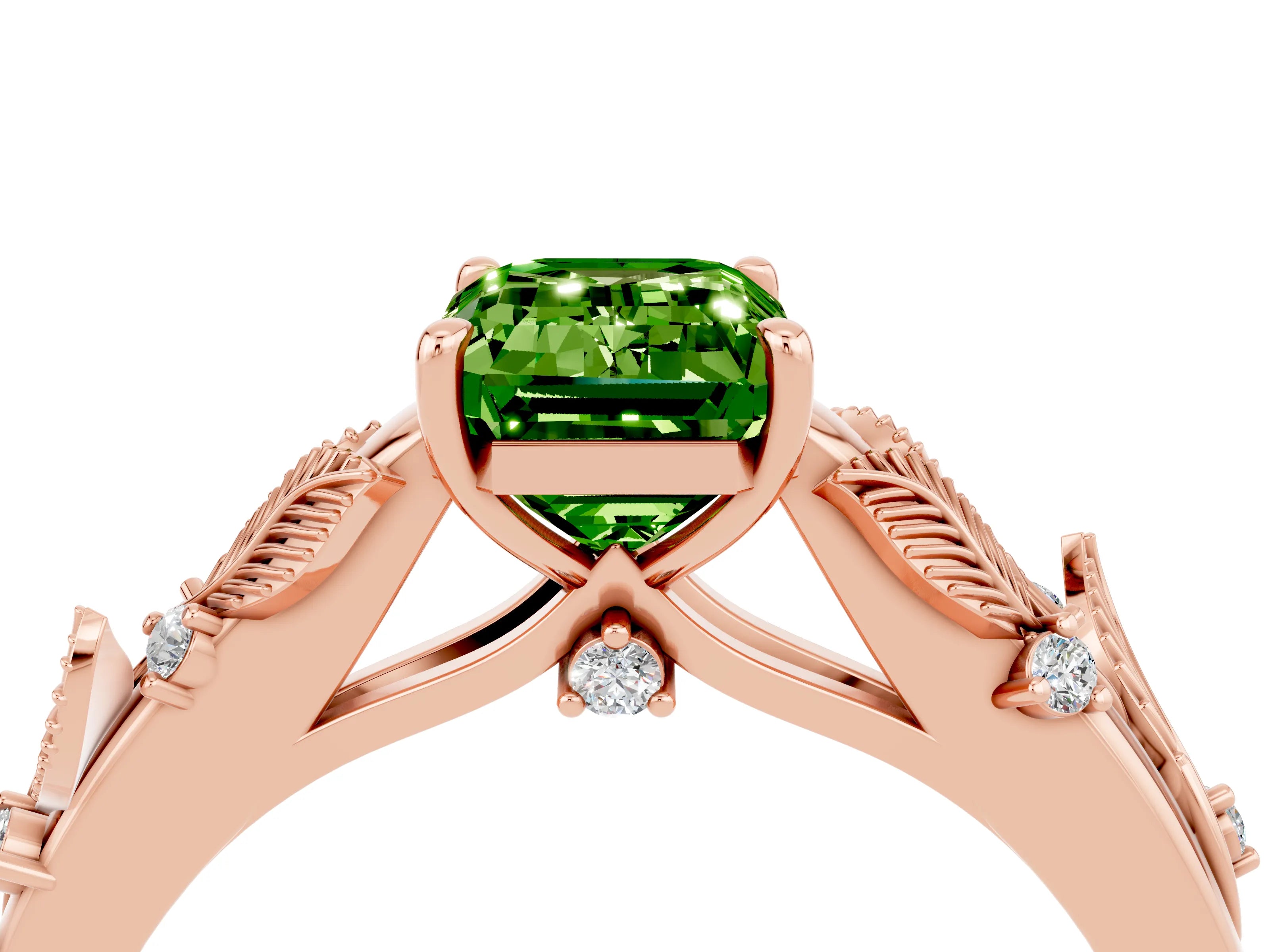Rose gold Emerald Cut Peridot Solitaire Ring with Leaf Motif Band and Four-Prong Setting_4
