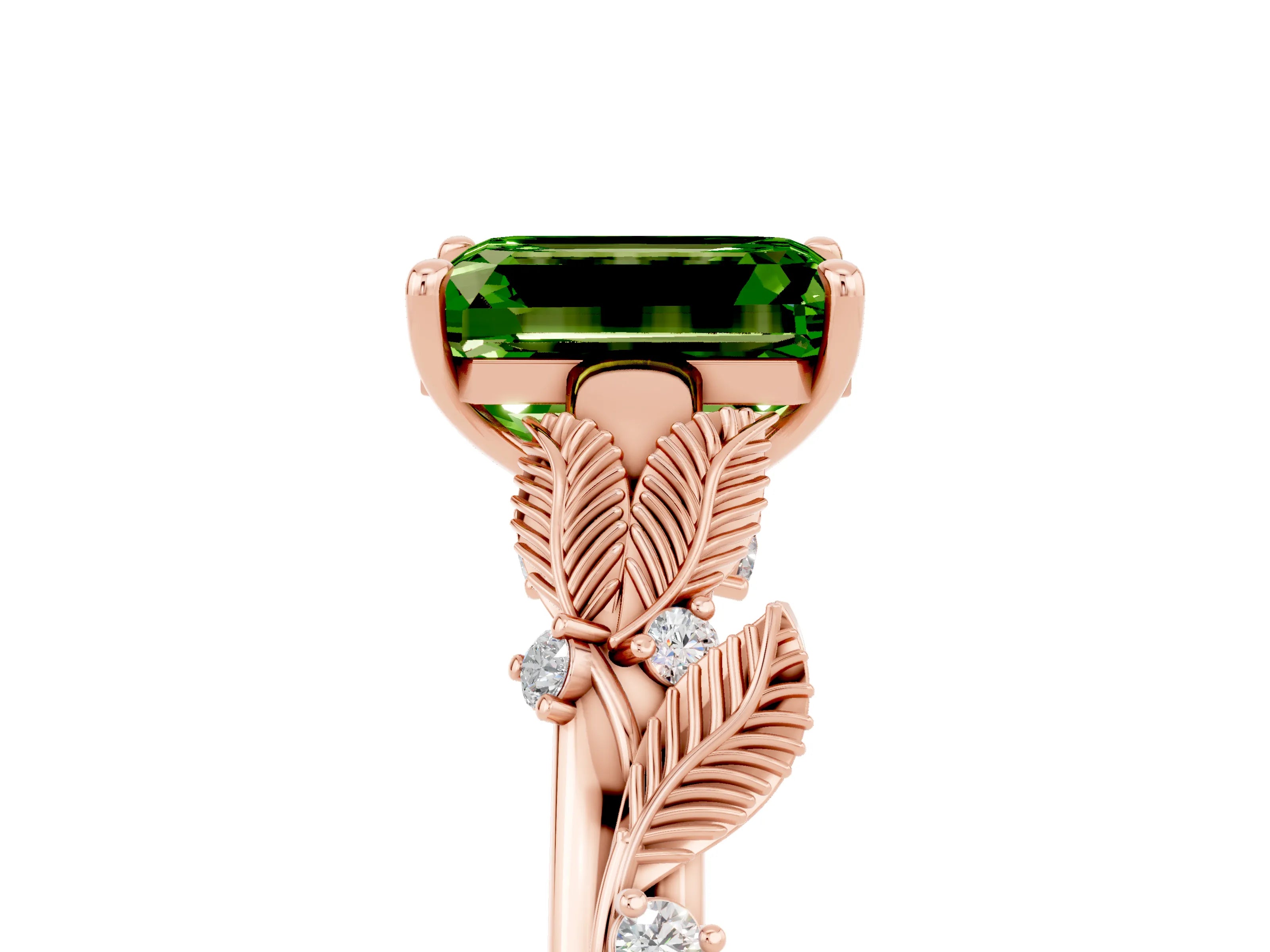 Rose gold Emerald Cut Peridot Solitaire Ring with Leaf Motif Band and Four-Prong Setting_5